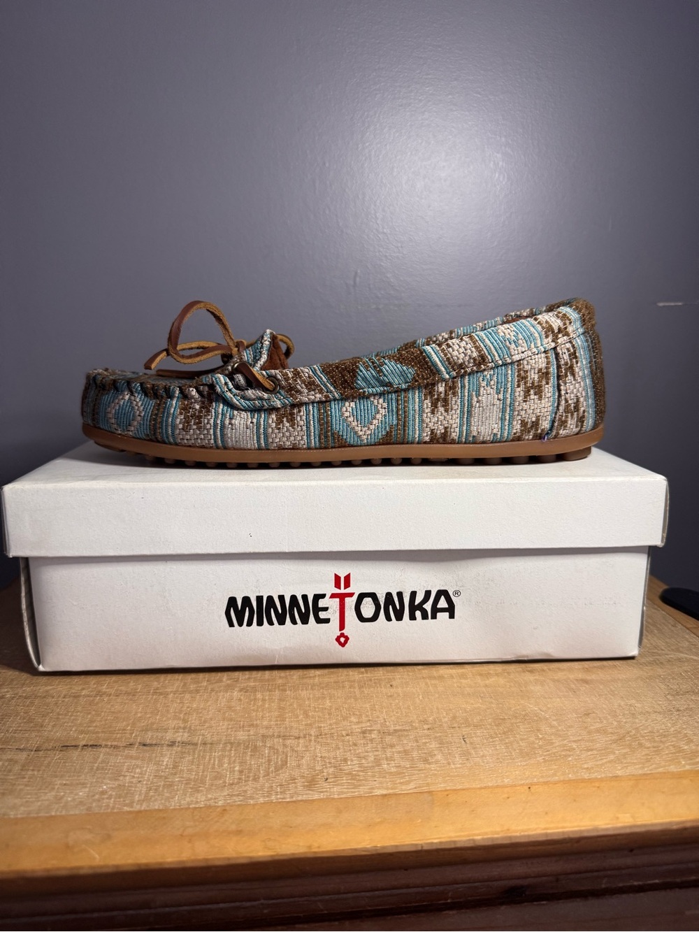 Minnetonka Teal and Brown Woven Moccasin with Leather Bow